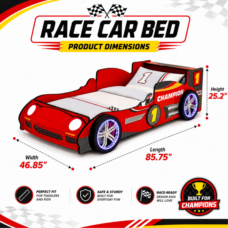 Cadre de lit de voiture de course pour enfants, conception de voiture de course de formule Speedster avec lumières à DEL