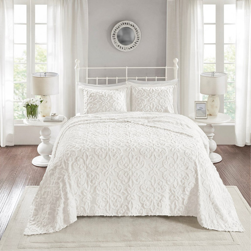 Ensemble de couvre-lit 3 pièces en chenille de coton touffeté blanc cassé / grand et léger pour une utilisation toute l'année