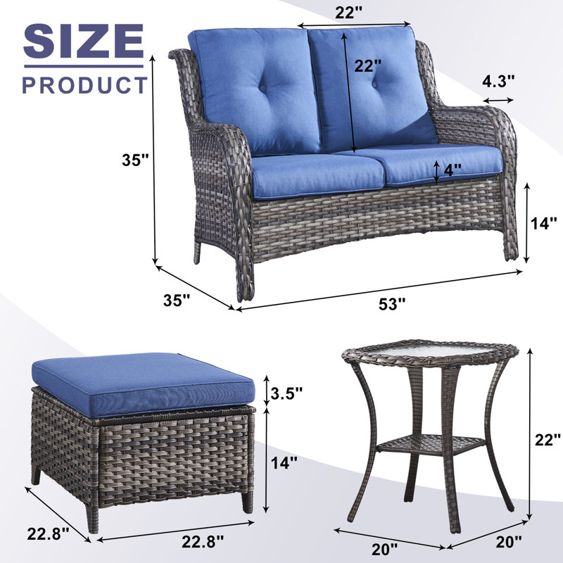 Ensemble de conversation avec canapé et coussins 5 pièces Bonia, Bleu