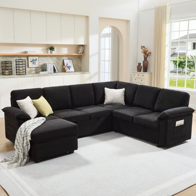 U-Shaped Sleeper Sectional Sofa Bed with Pull-Out Bed and Storage for Living Room ,Black
