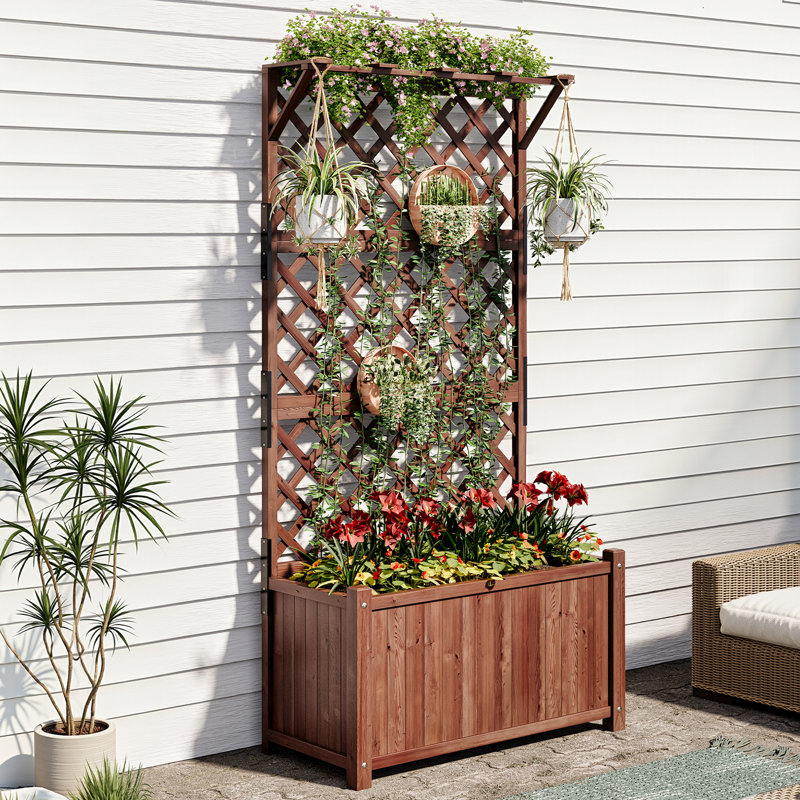 Raised Garden Bed with Trellis, Natural Wood Planter Box with Drainage, Privacy Screen, Easy Assembly — For Vegetables and Climbing Plants, Outdoor Patio/Yard