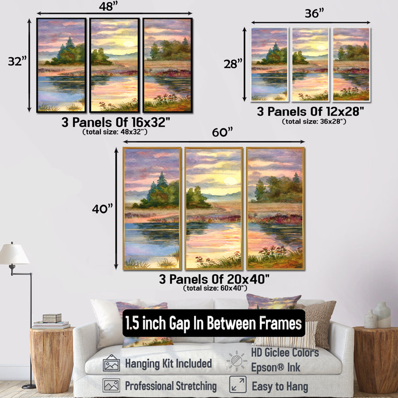 Coucher de soleil sur le lac I - ensemble d'art mural sur toile traditionnel encadré de 3, H 40 po x l 60 po, Argent