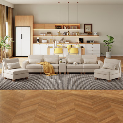 144.39" U-Shaped 6 Seats Modular Sectional Sofa with Storage Seats and Phone Holder and Console Table