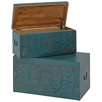Carved Lace Trunks Set Of 2 Turquoise Green Finish