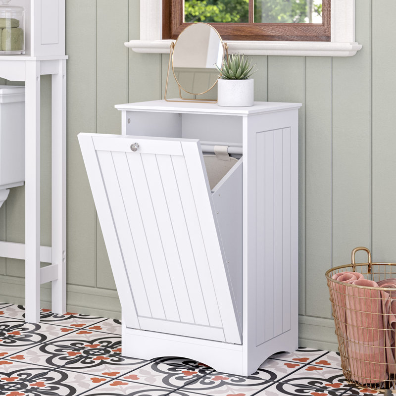 White Polished Beadboard Tilt-Out Laundry Hamper Cabinet