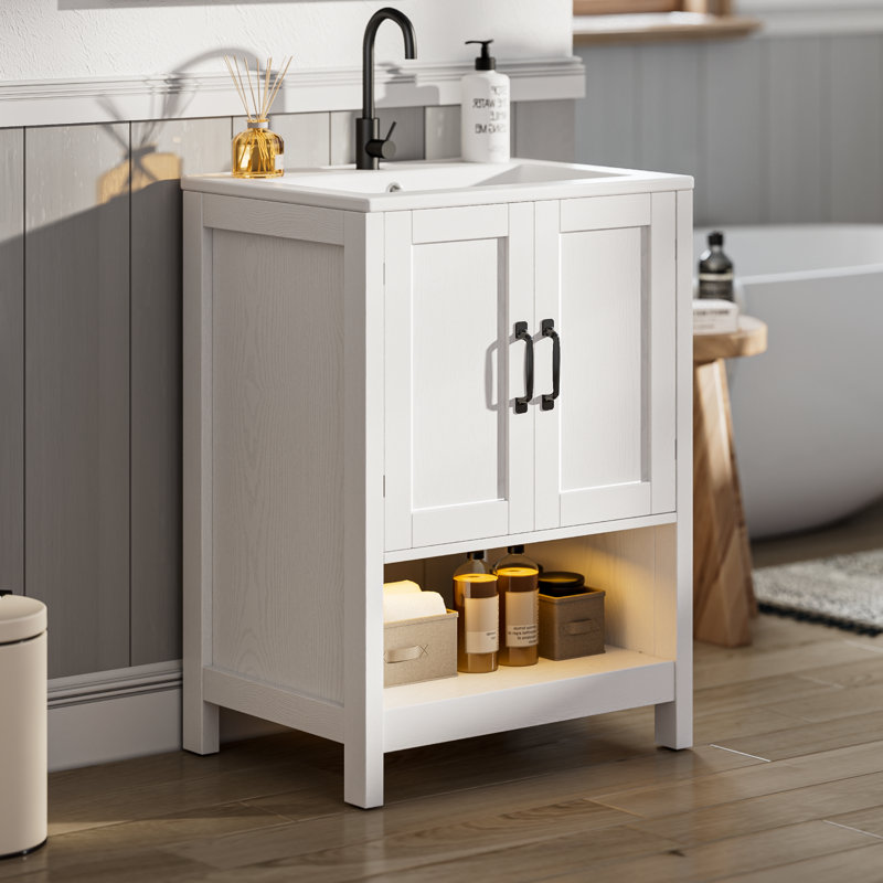 Meuble-lavabo à DEL 24 po avec lavabo, portes d'armoire doubles à fermeture en douceur et rangement, Noir, Blanc