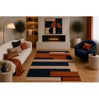 "Ultra Lightweight"  5' x 7' Modern Geometric Area Rug Navy Blue Rust Beige Abstract Block Design for Living Room Bedroom Dining Room Office Non-Slip Silicone Backing Low Pile