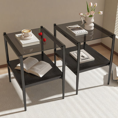 Ensemble de 2 tables de bout rectangulaires, plateau en verre trempé avec panneau de fibres à densité moyenne, table de salon moderne
