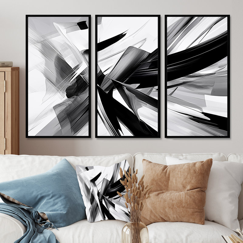Abstract Waves Black White Explosion - Abstract Wall Art Set, Black Floater Framed, 32" H x 48" W x 1" D