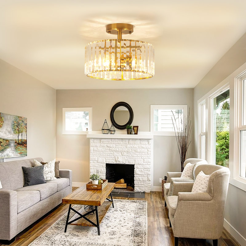 11" Gold and Crystal Drum Semi Flush Mount Ceiling Light Fixture