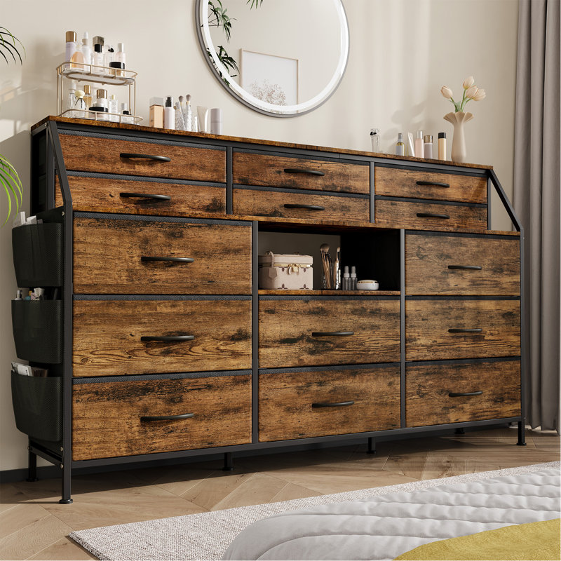 Commode 14 tiroirs avec tiroirs en tissu et plateau en bois, grande armoire de rangement avec structure en métal robuste pour la chambre à coucher, le placard, le salon et le vestibule - brun