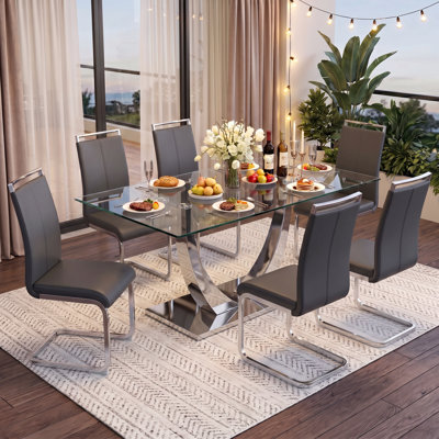 7-Piece Modern Glam Rectangular Tempered Glass Dining Set with Faux Leather Cantilever Chairs