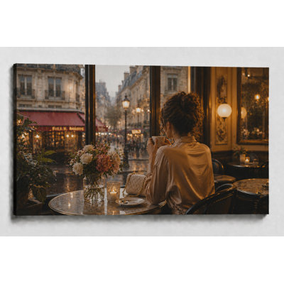 Grande fenêtre de café Paris, reproduction d'art sur toile Rainy French Street, photographie bistro romantique pour cuisine, salle à manger salon, impression sur toile 24 x 36 pouces - prête à être accrochée