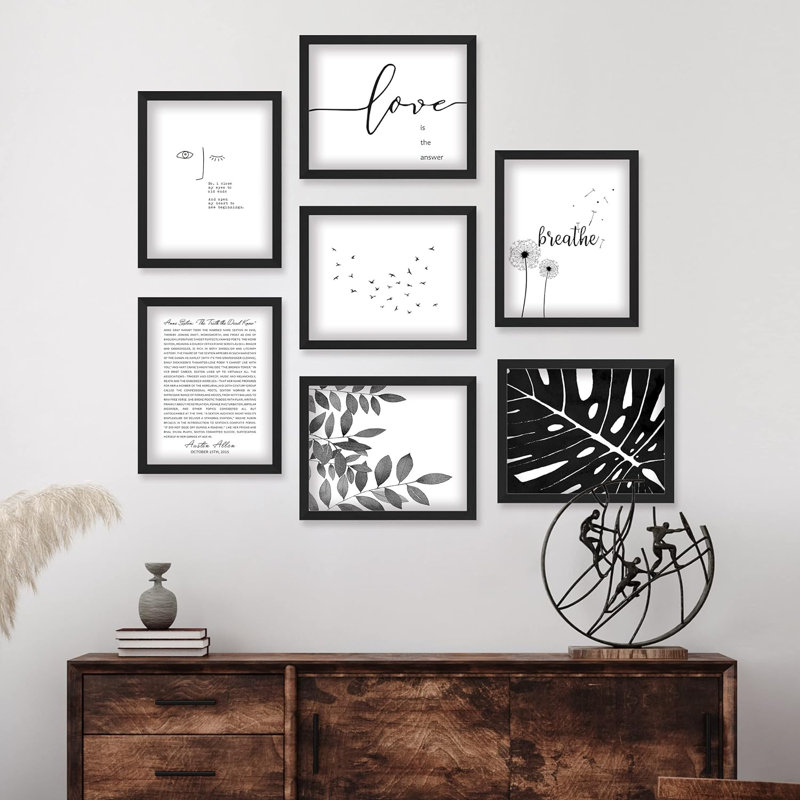 Motif géométrique abstrait bicolore noir et blanc, Cadre simple noir, H 11 po x l 14 po
