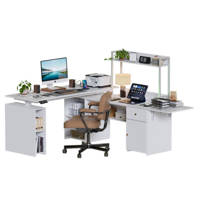 Bureau debout électrique en L de 63 po, bureau debout réglable en hauteur, ports de charge USB, affichage à DEL, bureau d'ordinateur moderne en bois avec tiroirs et tablettes