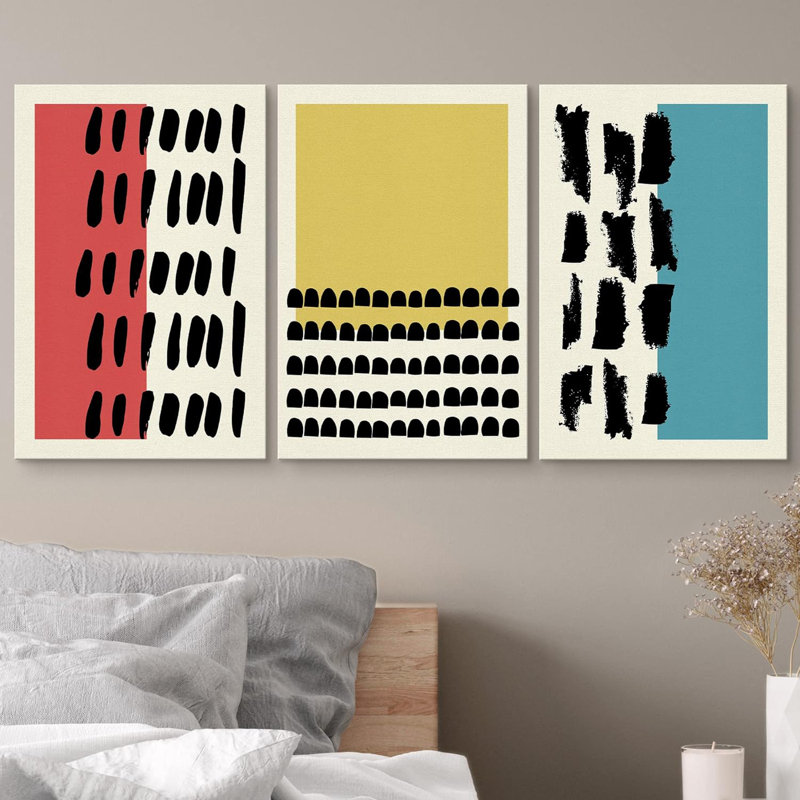 Abstract Vibrant Color Blocks " Red, Yellow And Blue Multicolor Blocks With Dark Ink Shapes Geometric Patterns Modern Art Nordic " 3 - Pieces