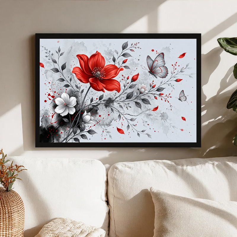 Art mural sur toile rouge avec fleurs rouges et feuilles grises, H 24 po x l 36 po