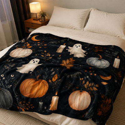 Jeté douillet d'Halloween, conception de citrouille fantôme adorable, molleton doux pour canapé-lit, salon, chambre à coucher, décoration intérieure