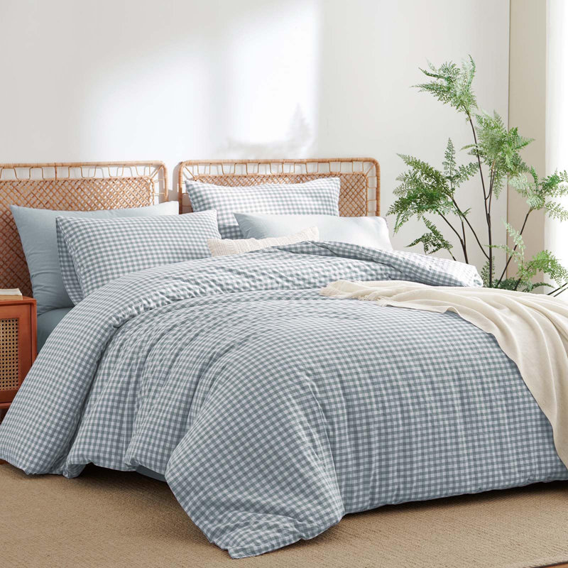 Ensemble de housse de couette 100% coton lavé à carreaux 3 pièces Nayoroom Gingham, Bleu