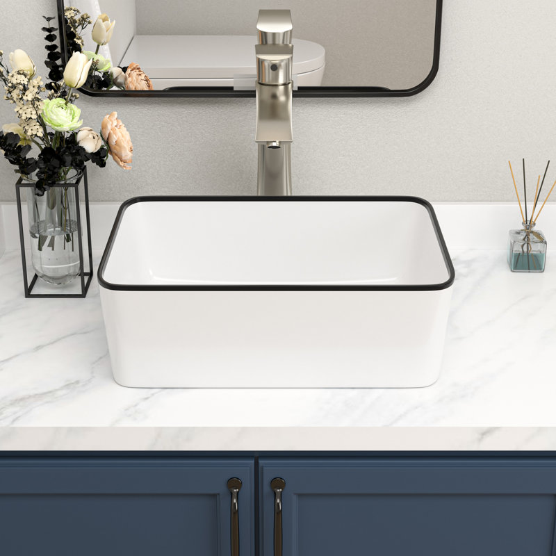 16 x 12 Inch White Ceramic Rectangular Vessel Sink with Black Rim