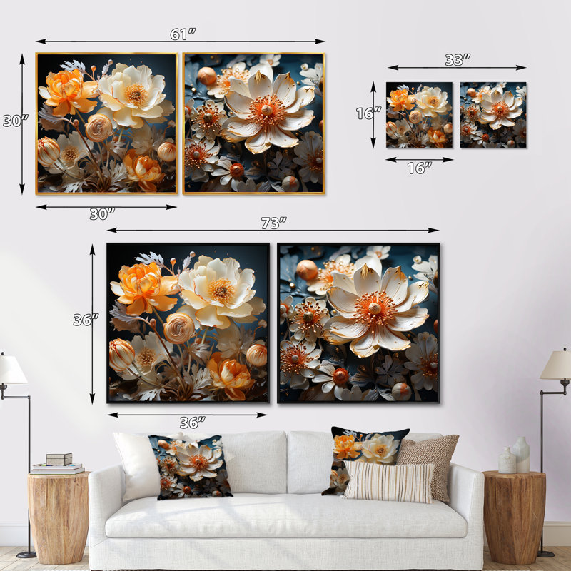 Buttercups Emotion Sunshine - ensemble de 2 collages carrés floraux, Cadre flottant blanc, H 16 po x l 33 po