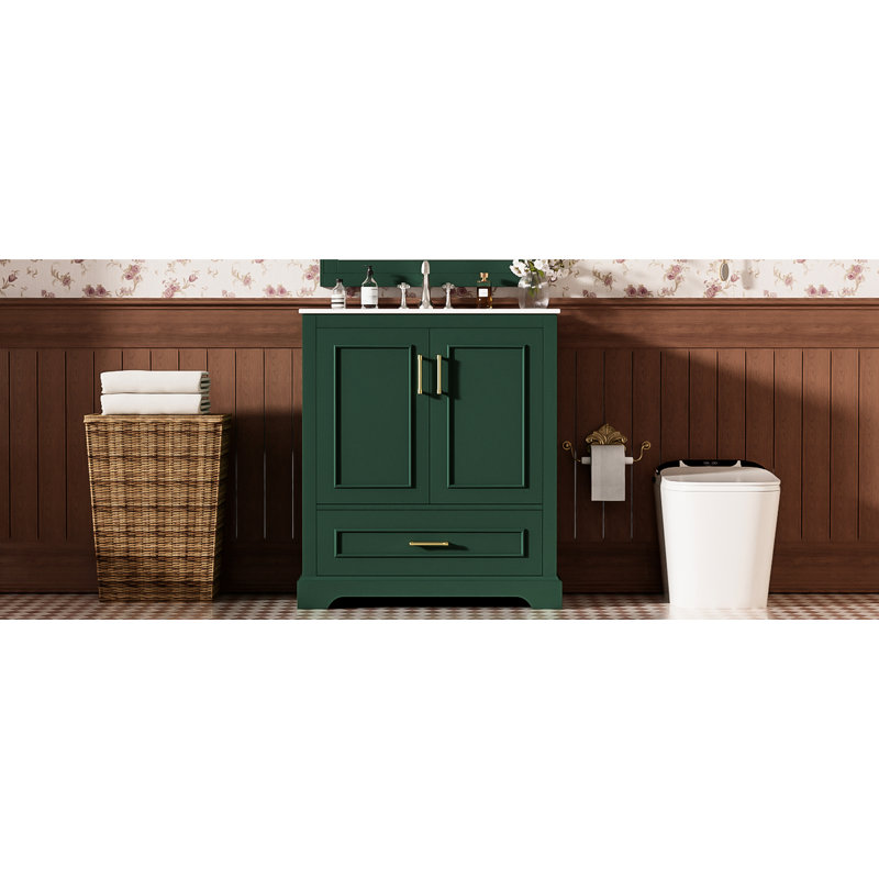 Meuble-lavabo autoportant de 30 po avec lavabo en céramique, 1 tiroir, 2 portes à fermeture en douceur, 2 tablettes, poignées élégantes, cadre de rangement moderne, autoportant, alliage de zinc