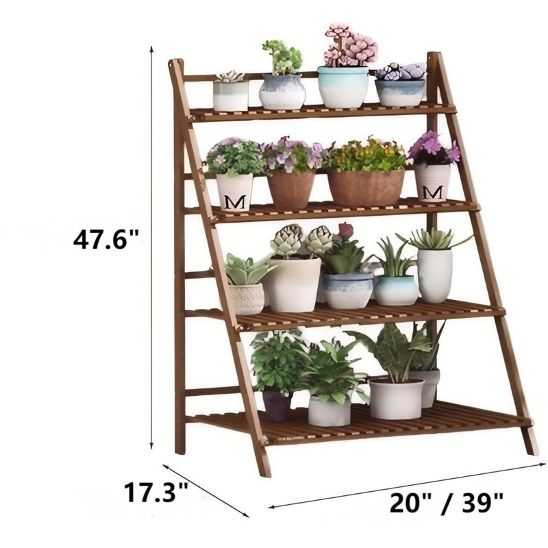 Présentoir à fleurs pliable en bambou à 4 niveaux pour l'intérieur et l'extérieur, H 47,6 po x L 20 po x P 17,3 po, Brun