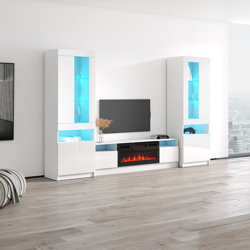 Duke 110.2" Modern Entertainment Center with Electric Fireplace, High Gloss Finish, Media Storage, White