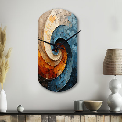 Collage en spirale - horloge asymétrique abstraite en métal, horloge cylindrique bleu sarcelle