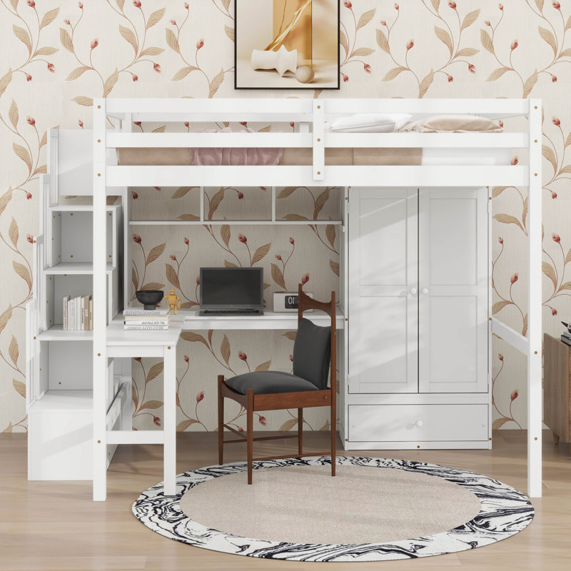 Full Loft Bed With Desk,Wardrobe And Drawers,Solid Wood Loft Bed With Stairs And Storage Shelves, White