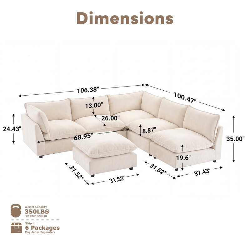 Canapé modulaire surdimensionné à 6 places Annamaria, Beige Chenille