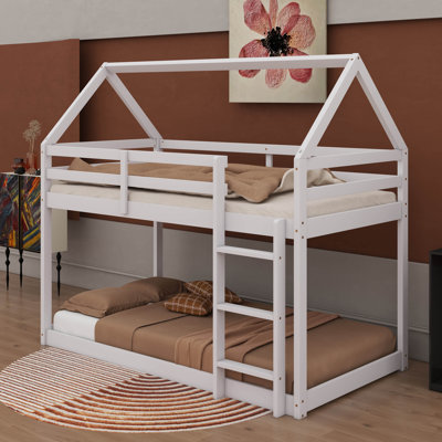 Twin-Over-Twin Floor Bunk Bed With House-Inspired Roof And Ladder, Loft Bunk Bed Equipped With Protective Guardrails by George Oliver