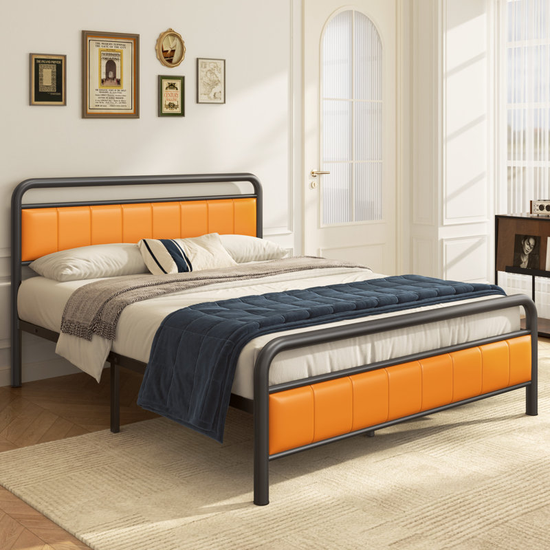 Structure de lit avec tête de lit tapissier, lit plateforme en métal, Orange, Grand