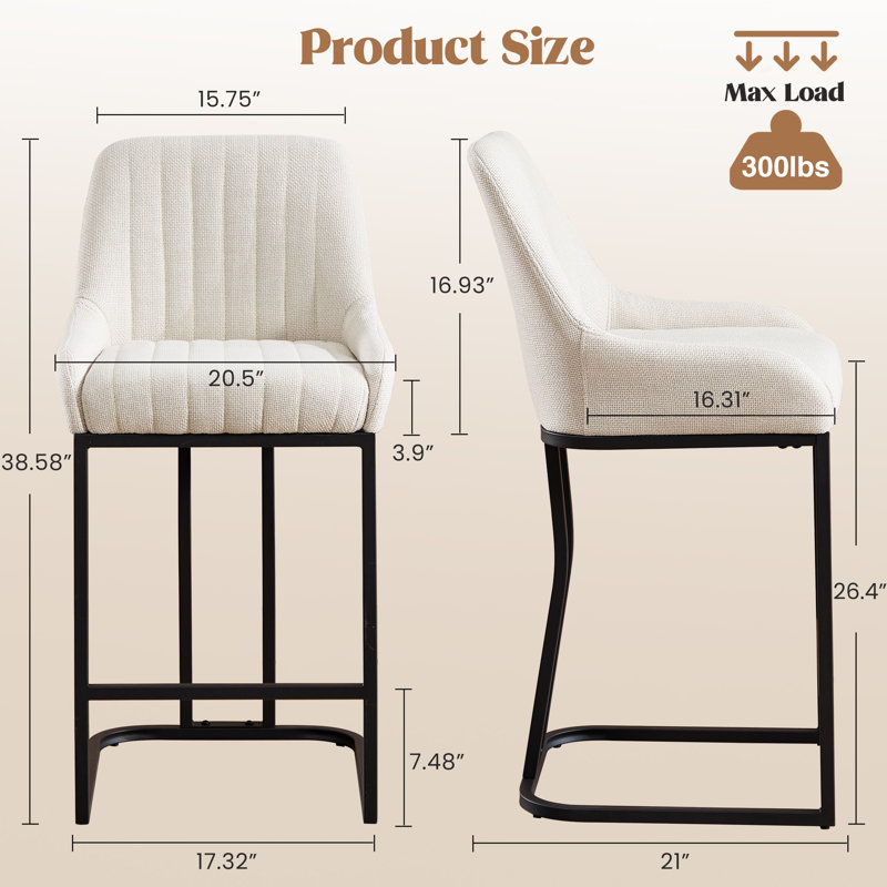 Ensemble de 2 tabourets de bar à hauteur de comptoir, chaises rembourrées en lin avec dossier incurvé et accoudoirs, Beige