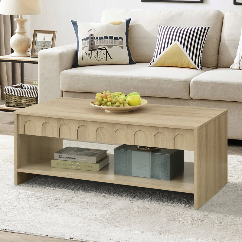 Abdullah Modern Arch-Fluted Beige Wood Coffee Table with Open Shelf
