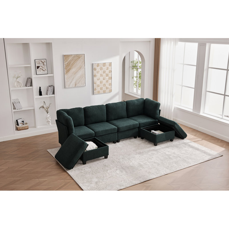 Canapé modulaire modulaire, canapé convertible 6 places, canapé modulaire en U avec repose-pieds avec rangement, Émeraude