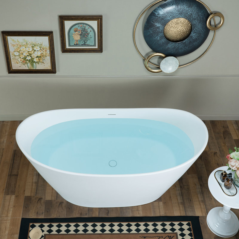 Baignoire autoportante 67 po en résine solide à surface double avec trop-plein et drain escamotable 67 po, Blanc mat