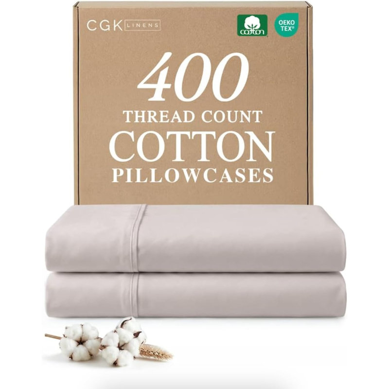 100% Cotton Pillowcase Set, 400 Thread Count Hotel Luxury Pillowcases, Soft & Breathable, Set of 2, Light Gray, Queen