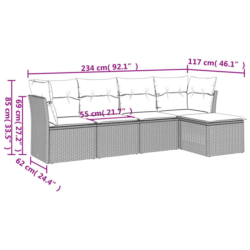 Vidaxl Garden Sofa Set Black PE Rattan 5 Piece Adjustable Feet