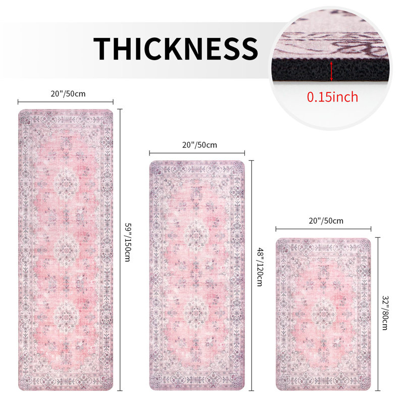 Non Slip Boho Kitchen Rugs Sets of 3, Pink