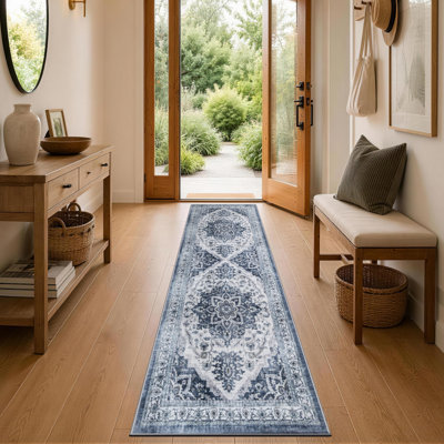 Vintage Blue Floral Washable Runner Rug, 2' x 6' Soft Indoor Hallway Rug