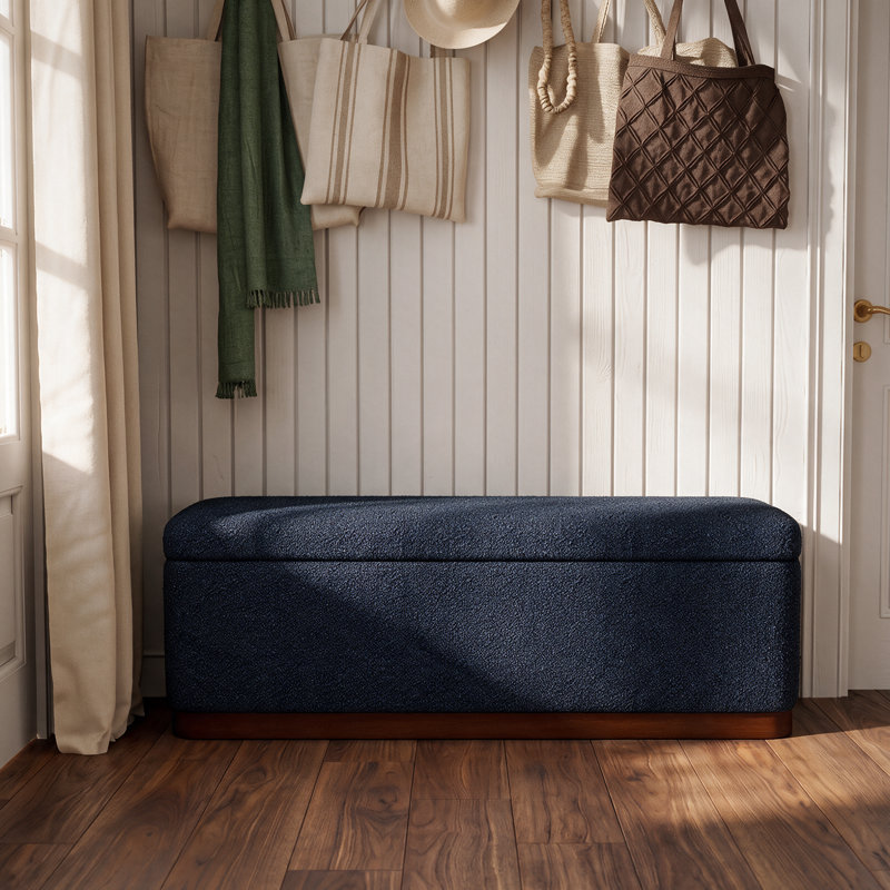 Banc de rangement rembourrÃ© moderne en bouclÃ© de 117 cm avec base en bois massif et compartiment dissimulÃ©, Blue