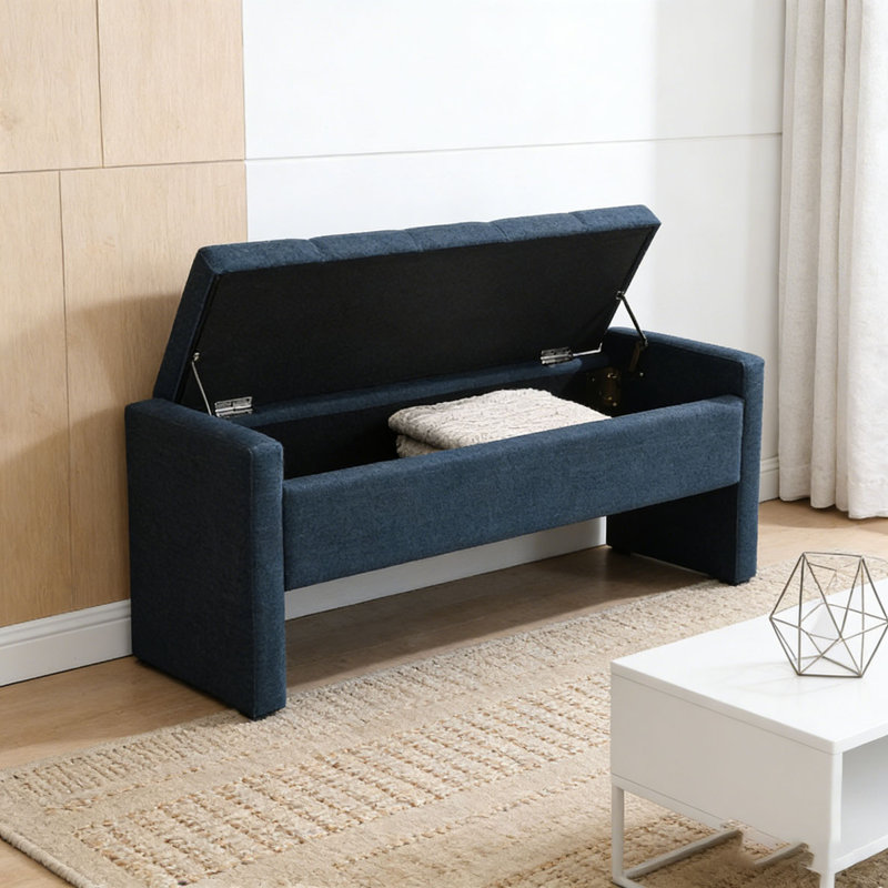 Modern Bed End Bench with Storage, Navy Blue