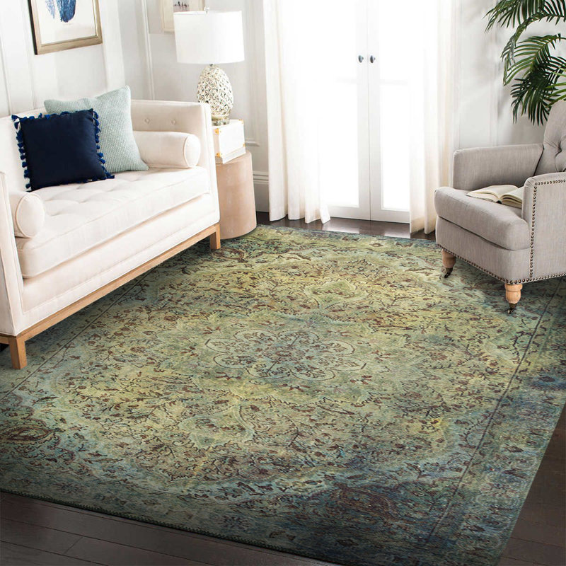 Tapis vert à motif tissé rétro, Rond 5 pi
