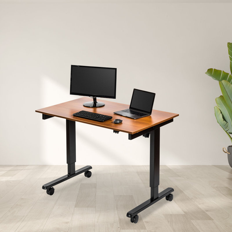 Adjustable Metal Base Standing Desk, 27.25" H x 47.25" W x 29.5" D, Teak/Black