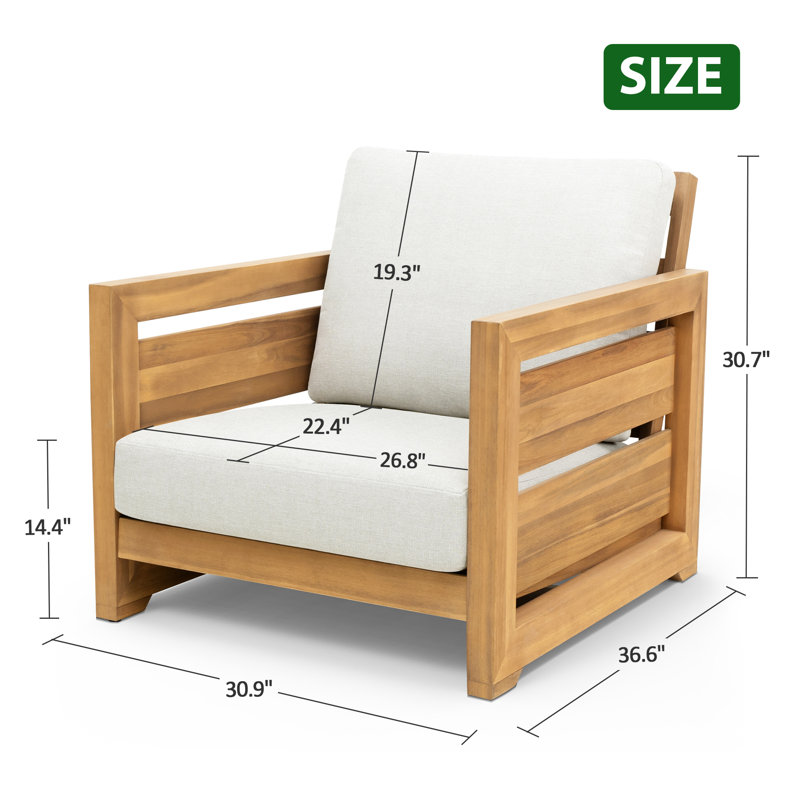 Solid Acacia Wood Patio Lounge Chair With Fabric Cushions, Cream White