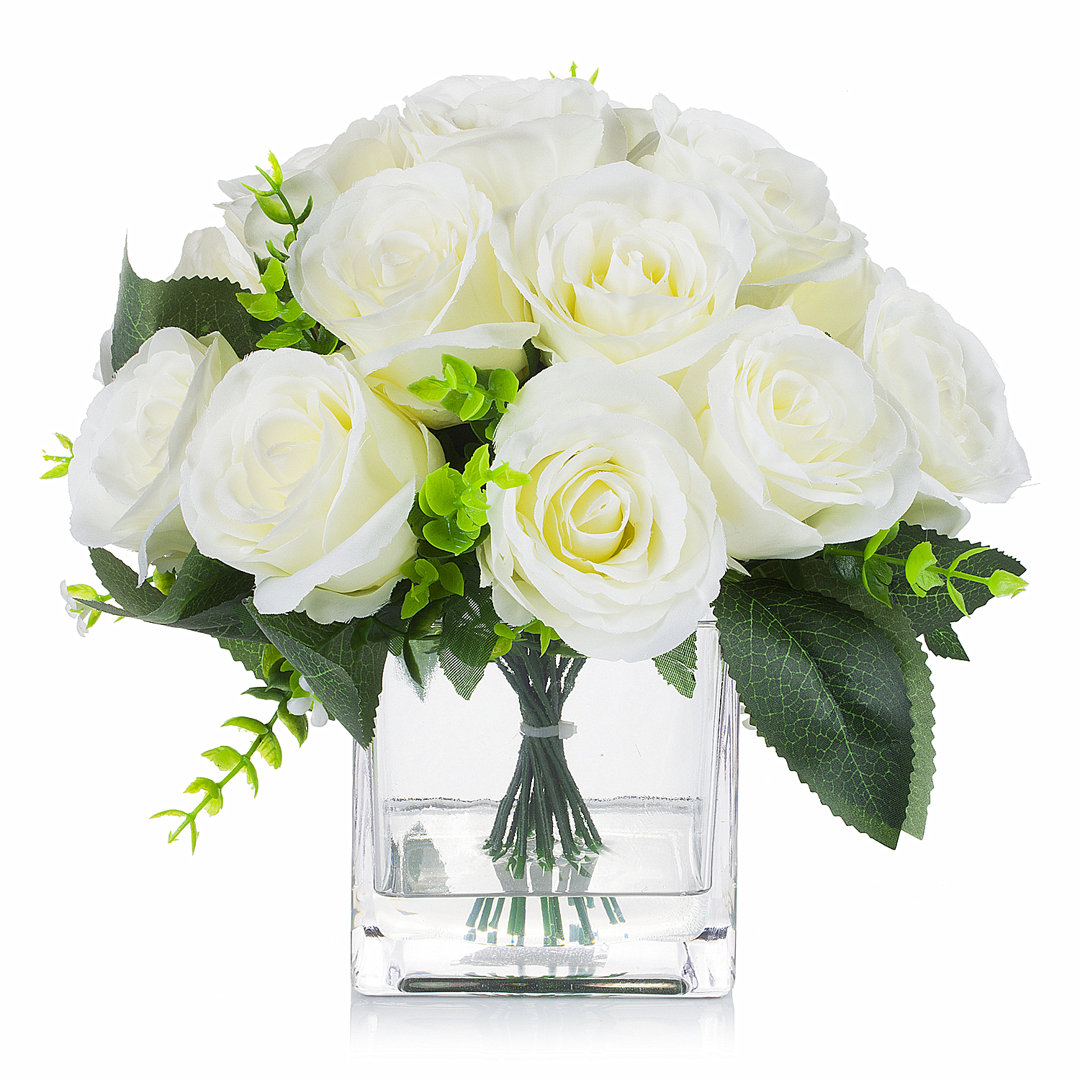 Artificial Roses in Glass Vase Primrue Flowers/Leaves 