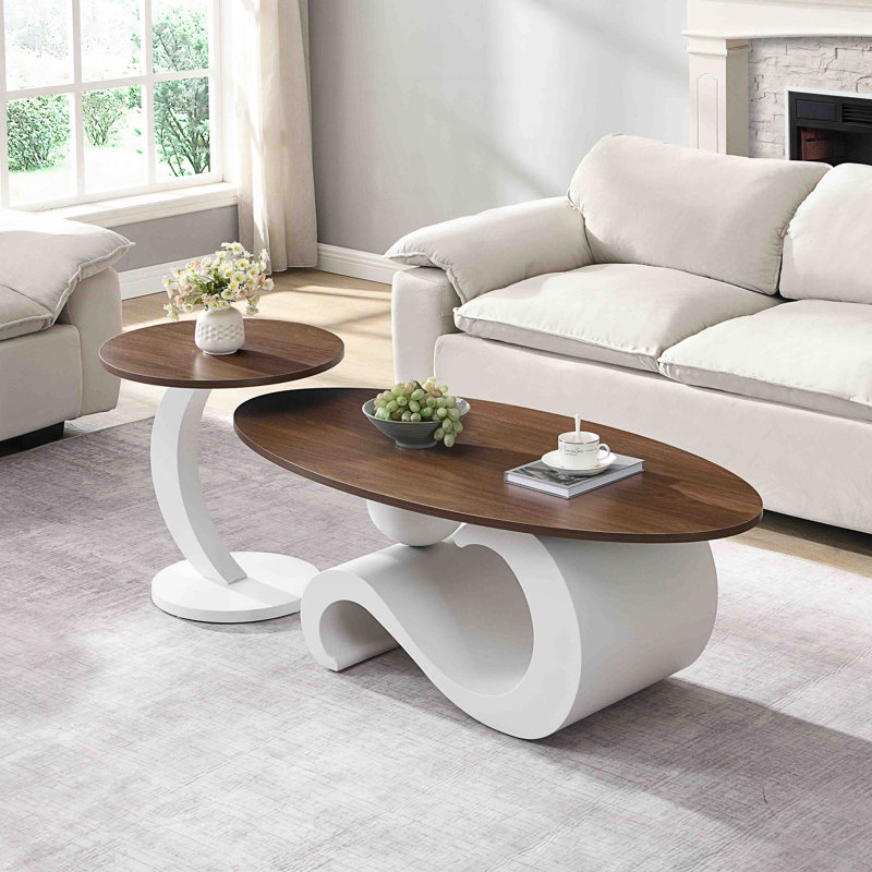 Ensemble de 2 tables basses gigognes, ensemble de tables basses ovales et rondes, table centrale, Blanc