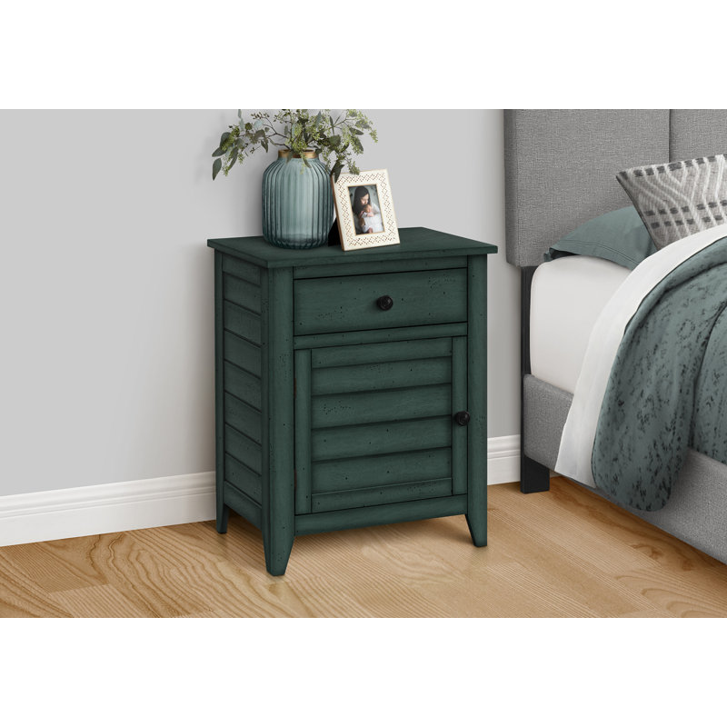 Table d'appoint, table de chevet, tiroir de rangement, bout, table d'appoint, chambre à coucher, lampe, rangement, placage bleu antique, transitionnel