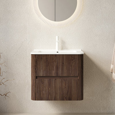 24" Bathroom Vanity With Sink, Wall-Mounted Floating Plywood  Bathroom Storage Cabinet With 2 Drawers, White Ceramic Basin, NO Faucet, Pre-Assembled